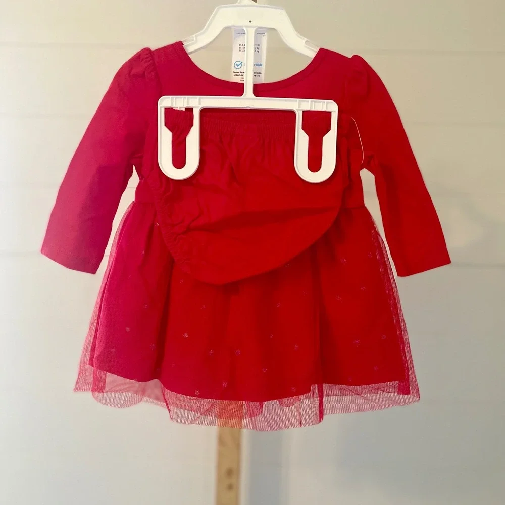 Carters Red Long Sleeve Tulle Dress with Bow and Bloomers Size 6 Months‎